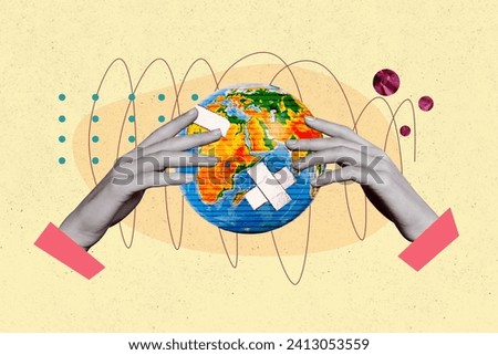 Horizontal collage creative poster two hands hold take care of planet support plaster ecological problem activism on abstract background Royalty-Free Stock Photo #2413053559