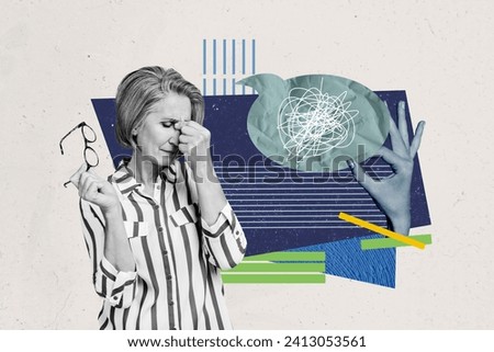 Horizontal creative photo collage picture of stressed mature female migraine headache stressful job hand hold message bubble mental health