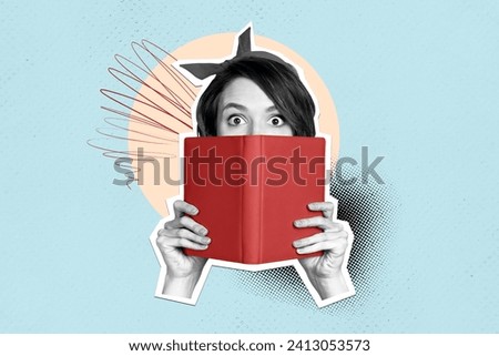 Collage creative poster image monochrome effect shocked surprised young woman read book hold literature doodle exclusive sketch