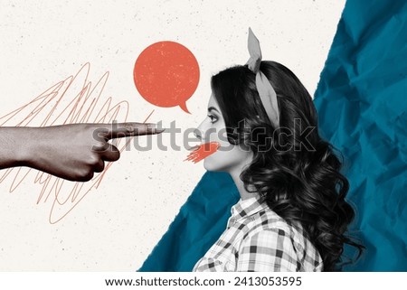 Photo collage image young speechless upset girl can't speak arm pointing opinion share censorship authority drawing background