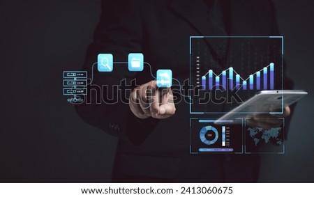 Businessman taps virtual screen on data analysis . Concept of data usage and big data analysis. storage for business organizations. Marketing strategy investment growth business. Research planning.
