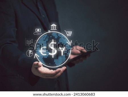 Businessman holding virtual globe with foreign currency icons using mobile phone to send money exchange orders. Concept of global currency exchange. Financial currency trade and investment. 