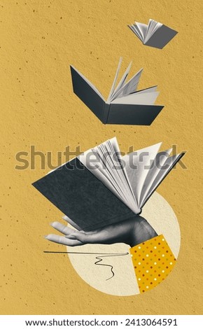 Human hand holding open book over yellow background. Contemporary art collage. Reading apps and book review platforms. Concept of education, reading, knowledge. Poster for book store Royalty-Free Stock Photo #2413064591