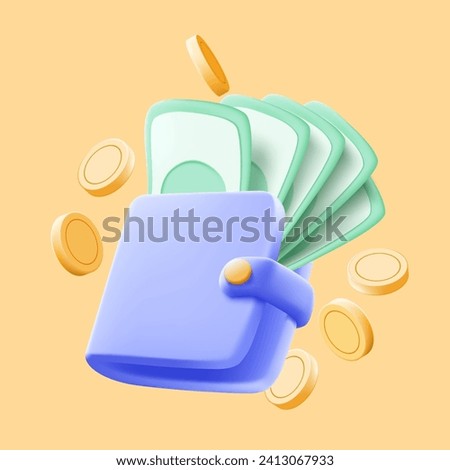 3d wallet and green banknotes in cartoon style. concept of payment for services or accumulation of finance. illustration isolated on yellow background. 3d vector illustration Royalty-Free Stock Photo #2413067933