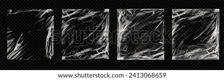 Torn plastic wrap set isolated on transparent background. Set of cellophane or polyethylene wrapper layouts for printing. Polyethylene packaging for CD cover. Vector illustration Royalty-Free Stock Photo #2413068659