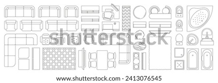 Linear interior furniture top view. Overhead floor plan of living room, kitchen, bedroom with armchair, sofa and bed. Home decoration plan vector concept. illustration of interior furniture plan Royalty-Free Stock Photo #2413076545