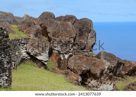 Petroglyphs in the lava rock at Rano Kau volcano, Easter Island, Chile, South America
