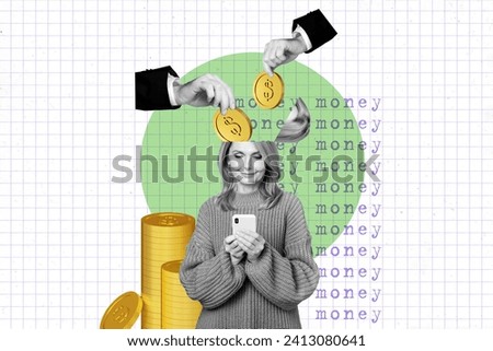 Creative collage picture illustration black white filter happy enjoy old woman open head put take coin cash money scroll phone template