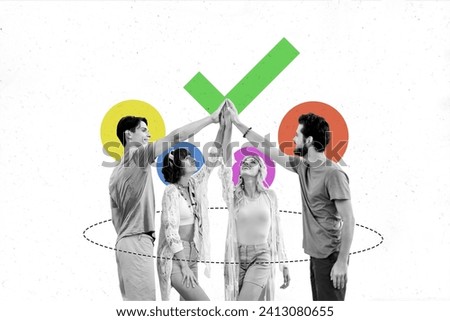 Horizontal contemporary photo collage of black white gamma group of young ambitious people fold hands together cooperation teamwork unity Royalty-Free Stock Photo #2413080655