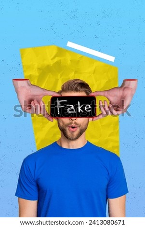 Creative collage of funny young man in blue t shirt watch propaganda smartphone fake news manipulations isolated on blue color background