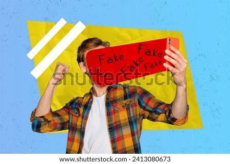 Magazine picture sketch collage image of addicted guy watching propaganda modern device isolated creative background Royalty-Free Stock Photo #2413080673