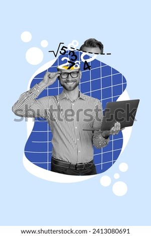 Vertical collage picture of black white colors smart teacher man using laptop and brainstorming during maths lecture over blue background