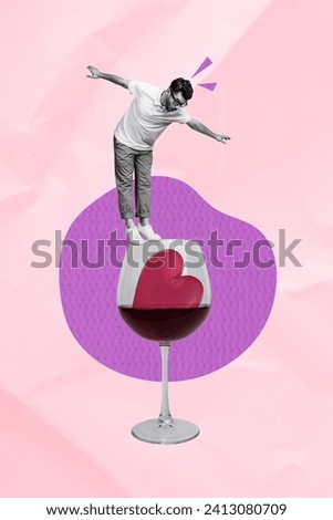 Vertical photo collage image of impressed mini guy stand balance huge glass of wine with drowned heart on pink paper texture background