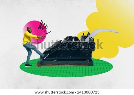 Creative collage picture illustration excited funky crazy young man type text retro typewriter journalist news interview colorful template