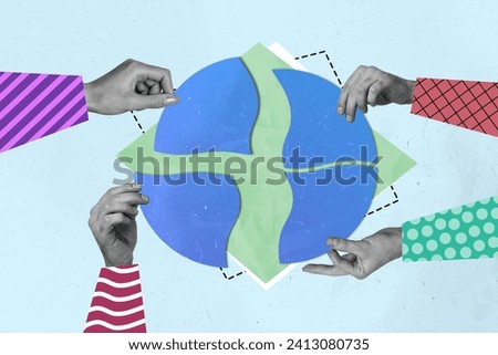 Photo cartoon comics sketch collage picture of arms sharing four parts circle isolated graphical background