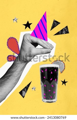 Photo collage coca cola with whiskey and orange lemon slice fingers gesturing person symbol in festive cone isolated on yellow background