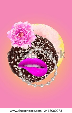 Vertical collage creative illustration glamour delicious tasty donut caricature lips blossom rose surrealism pink background Royalty-Free Stock Photo #2413080773