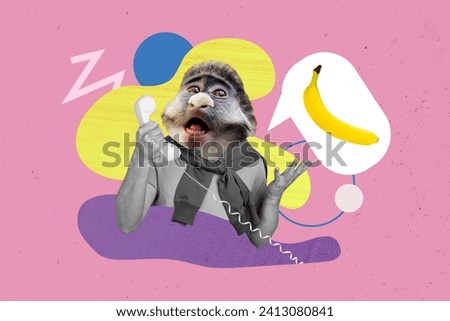 Composite collage picture image of funny man monkey head think banana gossip rumor talk handset weird freak bizarre unusual fantasy