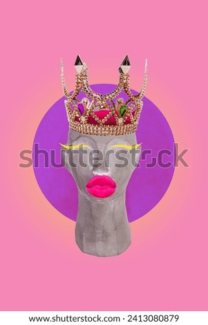 Vertical collage picture illustration queen bust head wear crown make up glamour lips kiss abstract artwork unusual colorful background