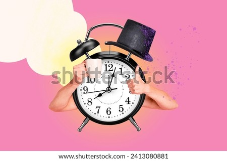 Creative collage picture huge clock timer alarm human hands caricature funny showing thumbs up hold cup beverage tea coffee energy drink