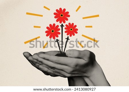 Horizontal creative artwork collage image of black white colors hands hold beautiful red painted flowers isolated on beige background