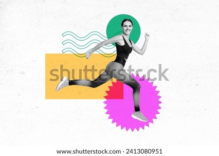 Horizontal creative photo collage illustration sport gymnastics excited happy smiling sportswoman runner marathon on abstract background