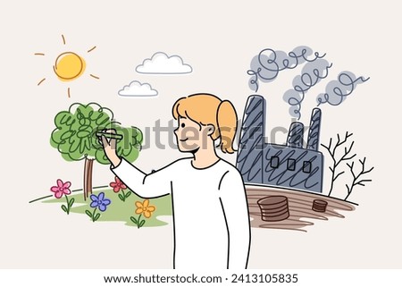 Little girl draws eco friendly nature near factory, who pollute environments and causes climate change. Child wants to see trees and flowers instead industrial buildings that pollute environments Royalty-Free Stock Photo #2413105835
