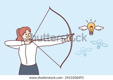 Woman hunting for new ideas, holding bow and arrow and aiming at flying light bulb to achieve business goals. Concept brainstorming to obtain ideas and self-realization for ambitious company manager