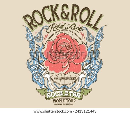 Rose rebel rock artwork. Rock and roll vintage print design. Eagle vector artwork for apparel, stickers, posters, background and others. Music forever artwork. Eagle wing and fire design. Rose design.