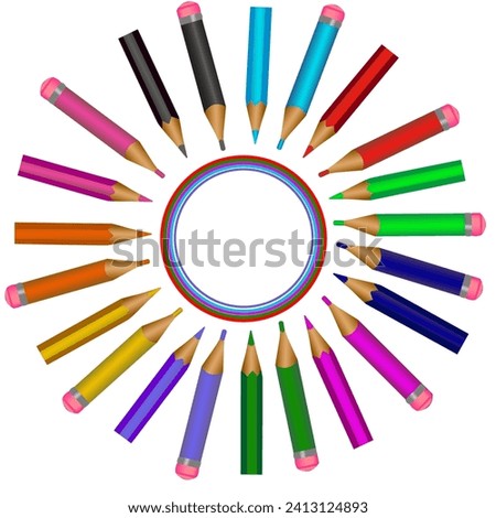 Vector graphics. There are many multi-colored pencils folded in the shape of a circle on a white background.