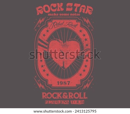 Rock star music poster design. Rock and roll vintage print design. Guitar vector artwork for apparel, stickers, posters, background and others. Rock world tour artwork.  Heart, love you more. 