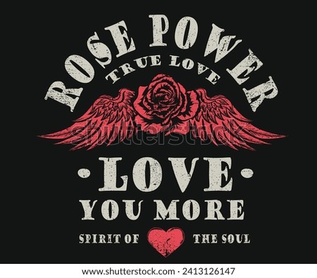Rose power. True love with rose flower graphic print.  Rock and roll vector graphic print design for apparel, stickers, posters, background and others.  Love you more. Valentine artwork. Eagle wing. Royalty-Free Stock Photo #2413126147