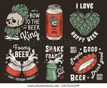 Beer set with metal can and skull hop for craft bar. Beer bottle and bottle cap for alcohol brewery print