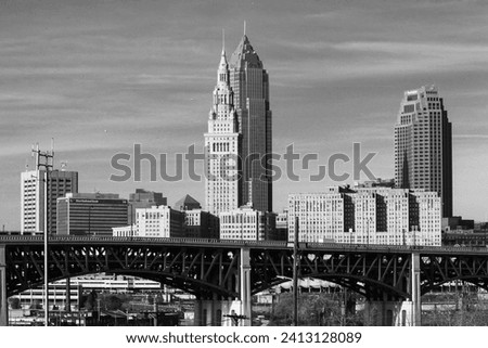 Black and white photo of downtown Cleveland Royalty-Free Stock Photo #2413128089