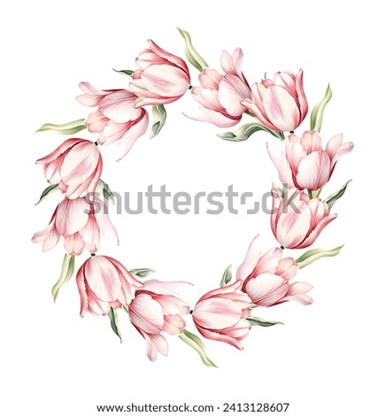 Watercolor tulips frame, wreath spring. Illustration clipart isolated on white background.