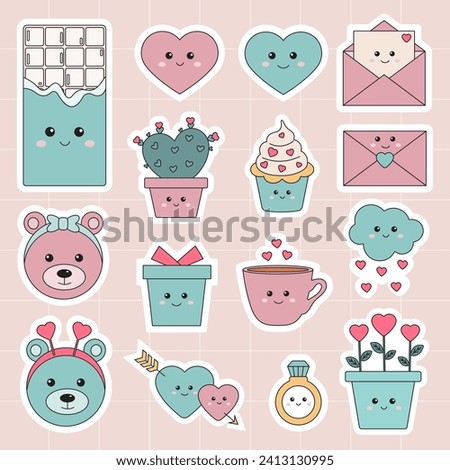 Love Valentines day, White day stickers pack in cute pastel kawaii style, romantic badge pack. Letter, heart, cupcake, chocolate, flower, cactus, emoji. Clip art for scrapbooking, daily planner, diary