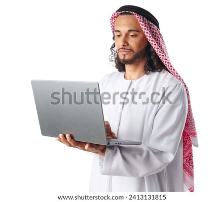 Arab man wearing traditional clothes using laptop isolated on white background