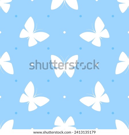 White butterflies on blue dotted background. Vector seamless pattern. Best for textile, print, wallpapers and your design.