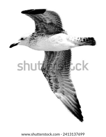 Halftone dotted cutout seagull for trendy y2k retro collages. Vector textured bird in flight Royalty-Free Stock Photo #2413137699