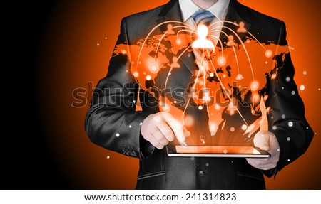 Business man using tablet PC. conceptual image of social connection