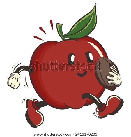 vector illustration of cute red apple character mascot playing american football with an oval ball, work of handmade
