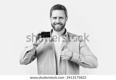 man holding business card show thumb up. photo of man hold business card.
