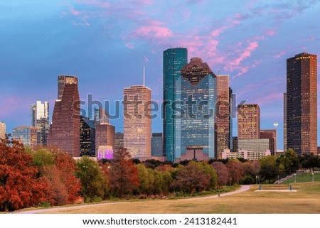 Houston City skyline at sunset in Houston, Texas, USA.