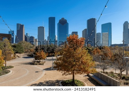 Houston skyline from Buffalo Bayou Park, at sunny autumn day in Texas, USA	