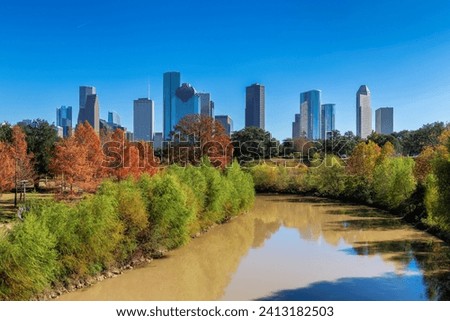 Houston skyline at sunny autumn day in Buffalo Bayou Park, Houston, Texas, USA	