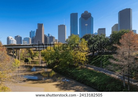 Houston downtown at sunny autumn day in Buffalo Bayou Park, Texas, USA	