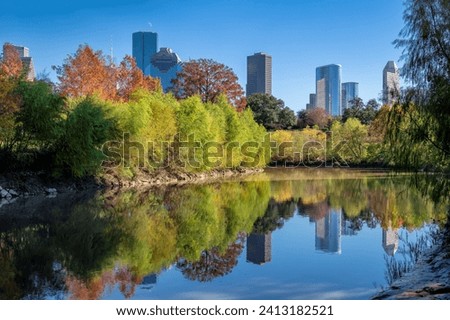 Houston skyline at sunny autumn day in Buffalo Bayou Park,  Park, Texas, USA	