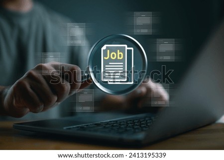 Job search, find your career, Job recruit employee, Human Resources HR management Recruitment Employment Headhunting, man use magnifier search and select job applicants in process, selecting people. Royalty-Free Stock Photo #2413195339