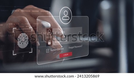 Cyber security, data protection concept. User using fingerprint identification on digital tablet access personal financial data. E-kyc (electronic know your customer), biometrics security technology Royalty-Free Stock Photo #2413205869