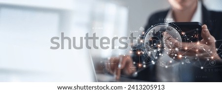 Digital marketing, global business concept. Businessman using mobile phone, laptop computer with global internet network connection technology and smart city, social media marketing, e-commerce, IoT